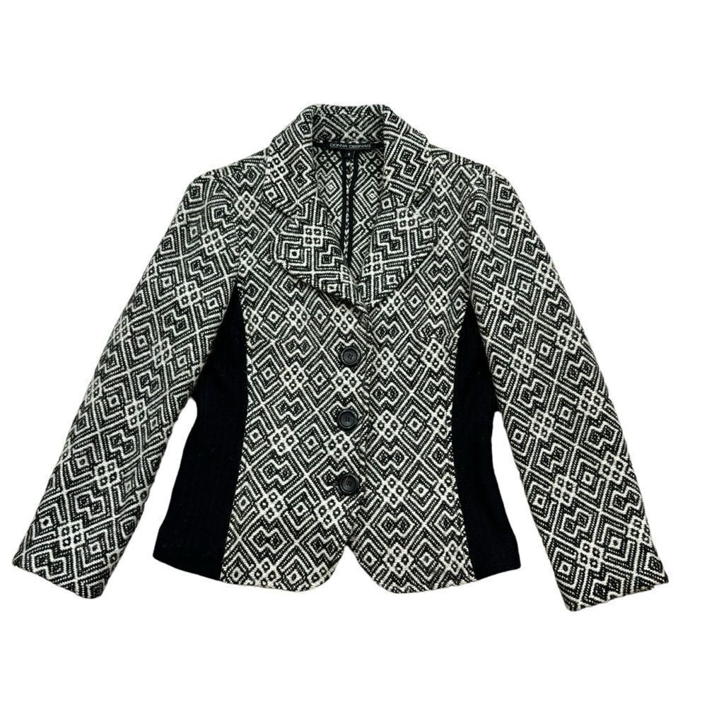 Ladies Donna Degnan Brand Wool Blend‎ Black and White Geomtric Print Jacket 6